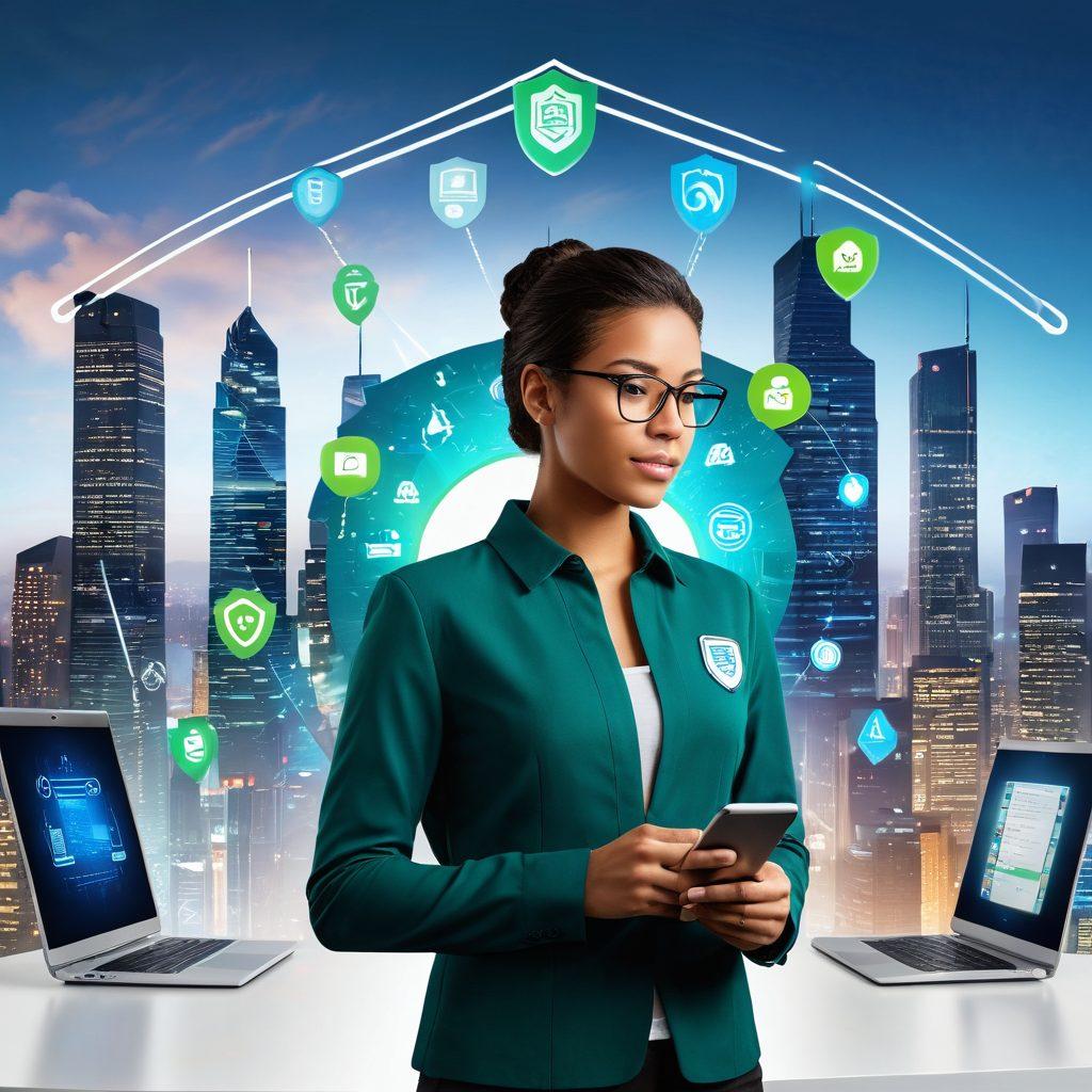A person confidently navigating a digital interface filled with phone call icons and privacy symbols, surrounded by a shield representing protection. In the background, a subtle representation of a city skyline on a computer screen, symbolizing a digital landscape. Bright, empowering colors with a focus on blue and green hues representing security and trust. super-realistic. vibrant colors. white background.