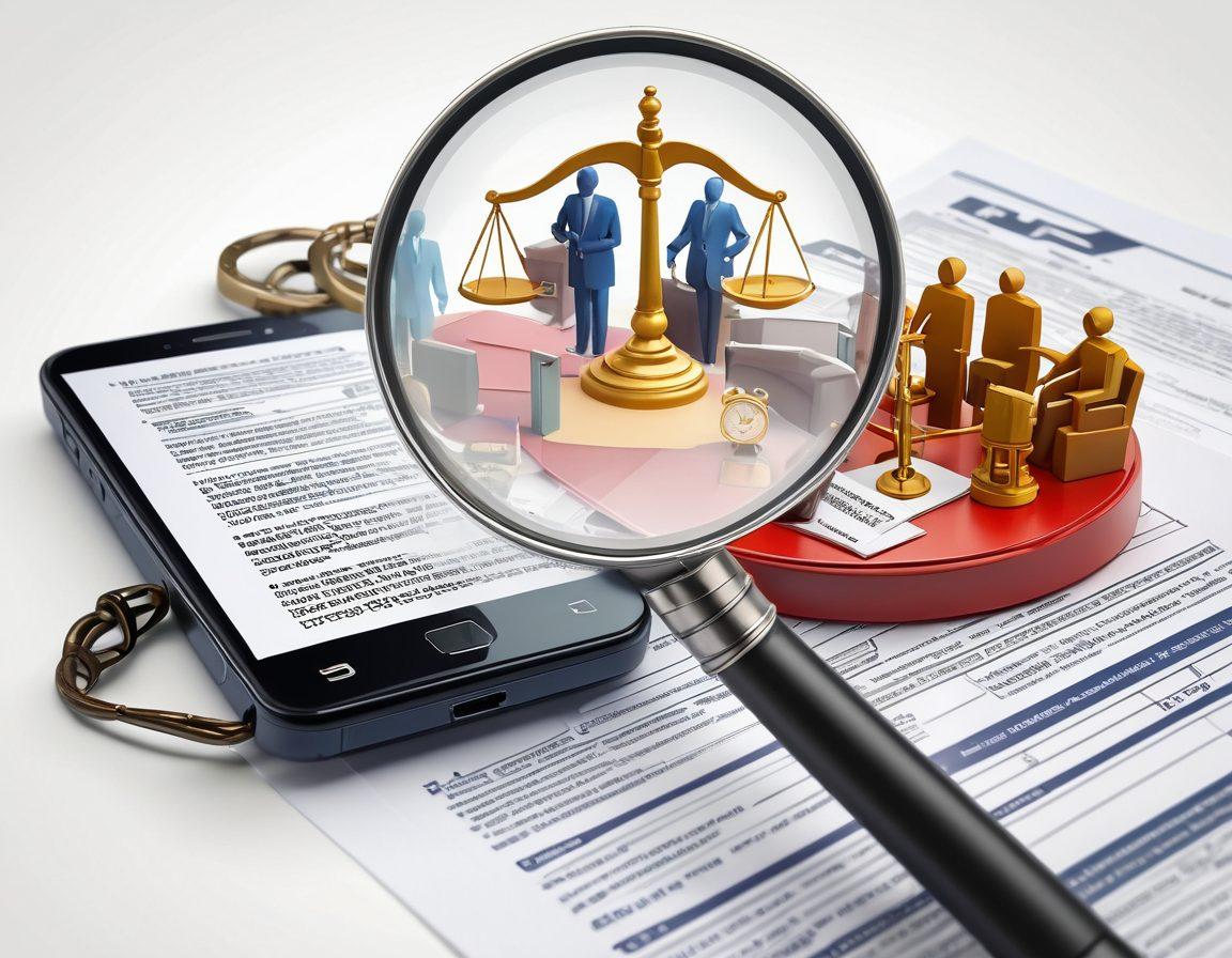A magnifying glass focusing on a phone surrounded by documents representing telemarketing regulations, featuring scales of justice in the background. Include diverse people reviewing these regulations with expressions of curiosity and concern. Incorporate a digital lock symbol to signify privacy rights. Style: modern vector art. vibrant colors. white background.